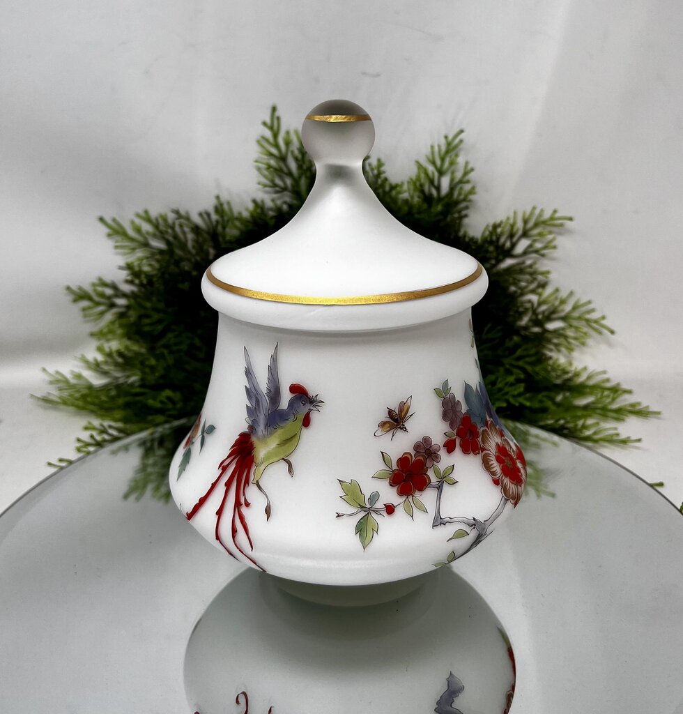 Frosted Red Bird Jar With Finial Lid