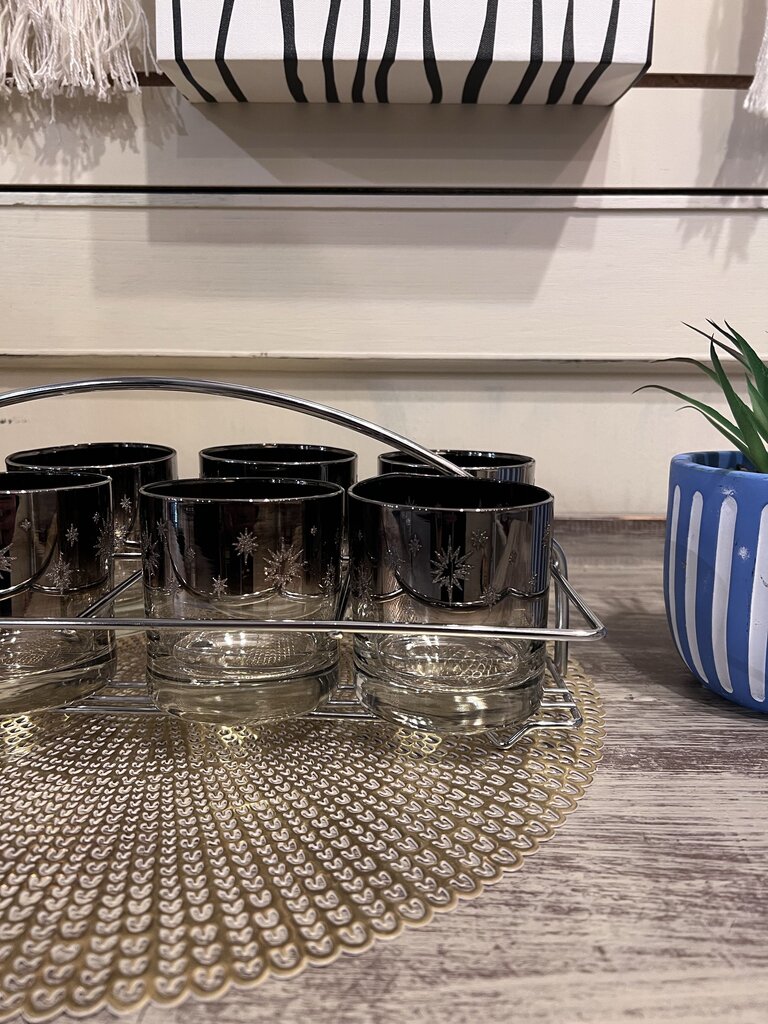 Vintage Mid-Century Atomic Starburst Glass Set With Holder