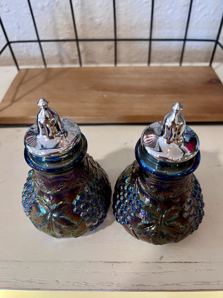 Imperial Amethyst Carnival Glass Grape and Cable Salt and Pepper Shakers