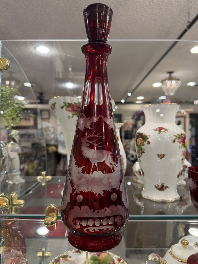 Antique Bohemian Glass Ruby Etched Decanter and Glasses