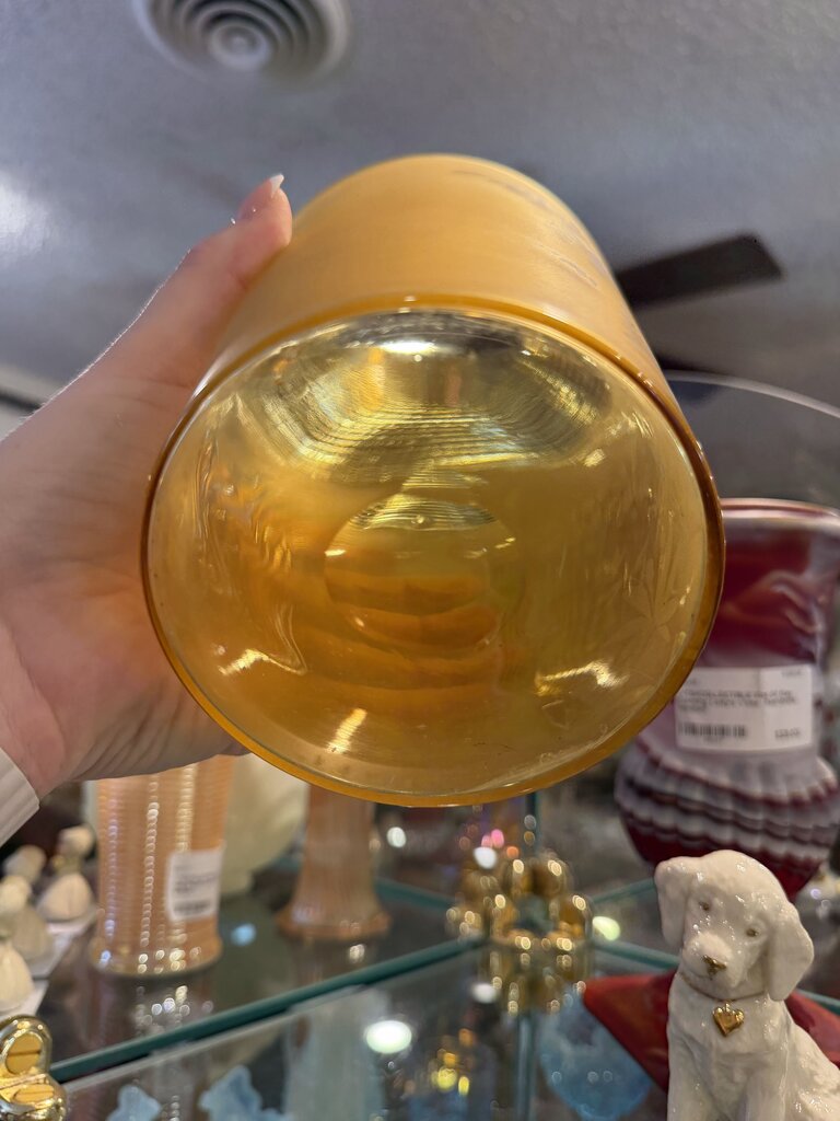 Vtg Amber Glass Pitcher Frosted Enameled Flowers