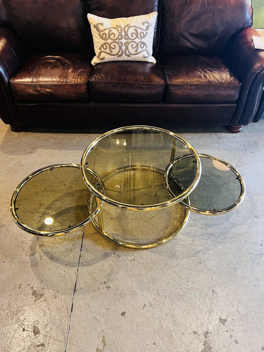 Hollywood Regency Mechanical Expanding Brass and Glass Disk Table