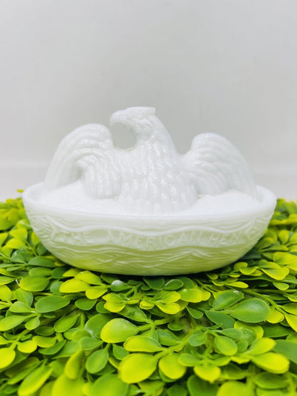 Milk Glass Eagle Covered Dish