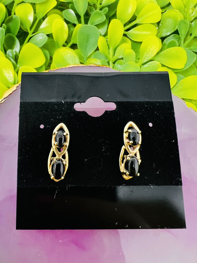 14k Gold Black Stone Earrings Tear Drop