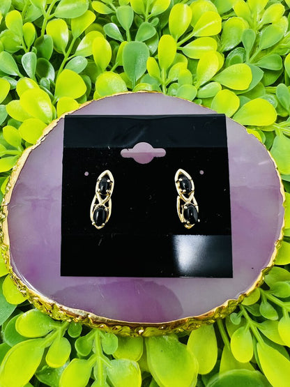 14k Gold Black Stone Earrings Tear Drop