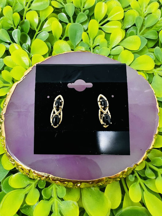 14k Gold Black Stone Earrings Tear Drop