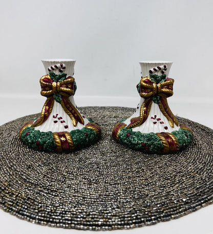 Fitz & Floyd Christmas Bow Candle Holder Set