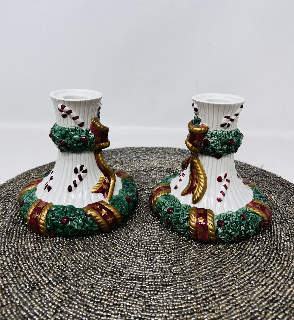 Fitz & Floyd Christmas Bow Candle Holder Set