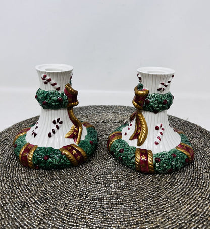 Fitz & Floyd Christmas Bow Candle Holder Set