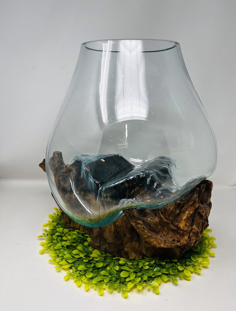 Unique Wood Base W/ Glass Bowl