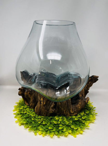 Unique Wood Base W/ Glass Bowl