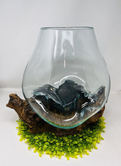 Unique Wood Base W/ Glass Bowl