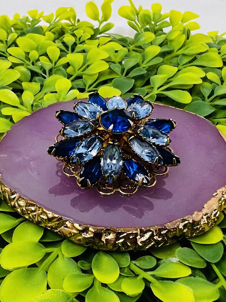 Blue Rhinestone Brass Brooch