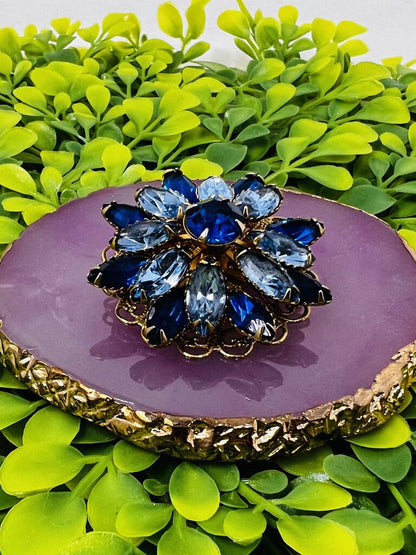 Blue Rhinestone Brass Brooch