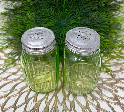 Vintage Anchor Hocking Uranium Vaseline Depression Glass Salt & Pepper Shakers