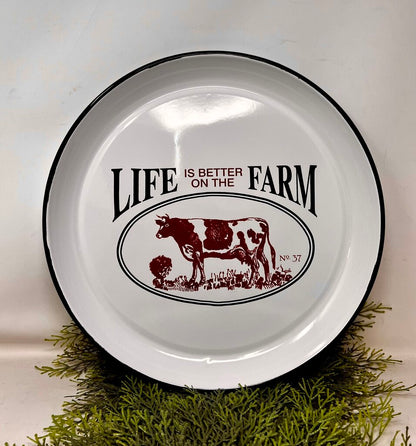 Metal Enamel Cow Farm Tray