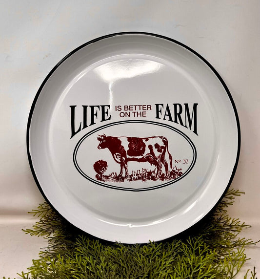 Metal Enamel Cow Farm Tray