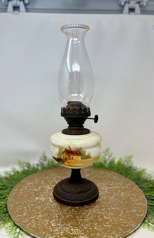 Vintage House Painted Scene Oil Lamp