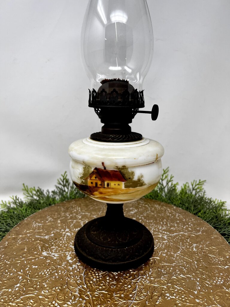 Vintage House Painted Scene Oil Lamp