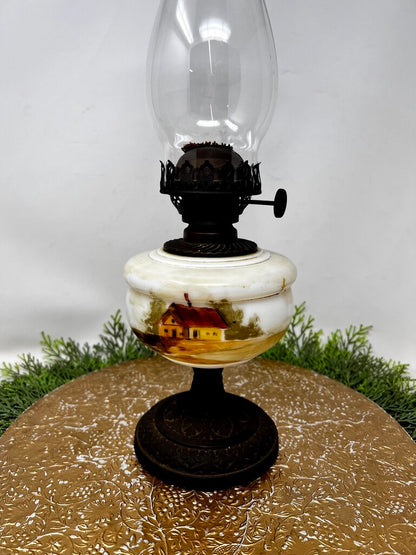 Vintage House Painted Scene Oil Lamp