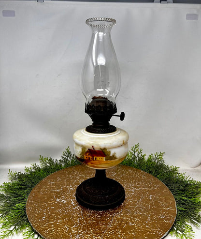 Vintage House Painted Scene Oil Lamp