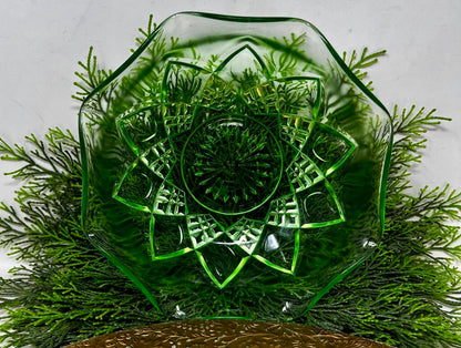 Hazel Atlas Uranium Glass Bowl Set Diamond Pattern Ruffled Edge