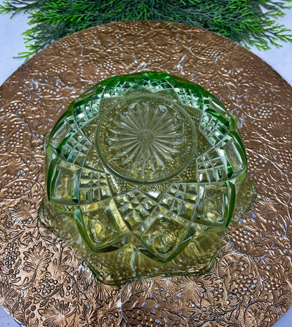 Hazel Atlas Uranium Glass Bowl Set Diamond Pattern Ruffled Edge