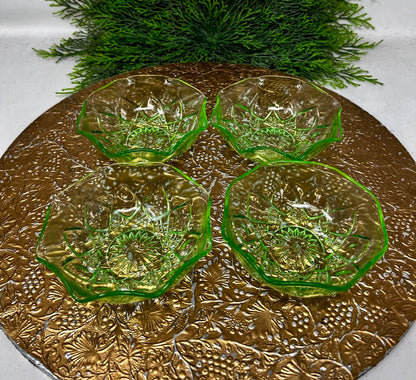 Hazel Atlas Uranium Glass Bowl Set Diamond Pattern Ruffled Edge