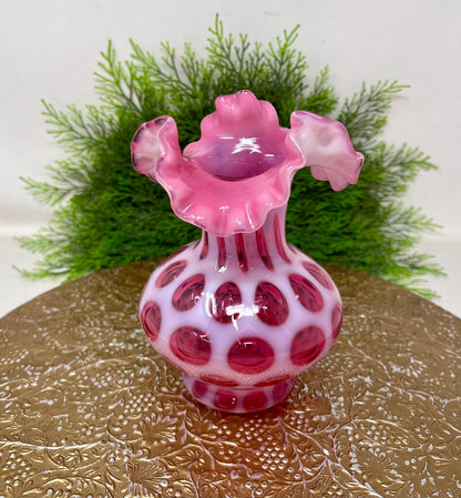 Vintage Fenton Opalescent Cranberry Coin Dot Ruffled Art Glass Vase