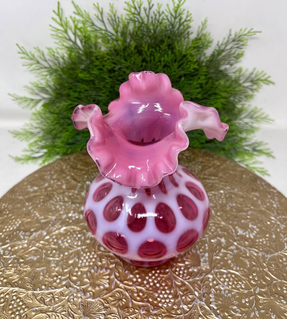Vintage Fenton Opalescent Cranberry Coin Dot Ruffled Art Glass Vase