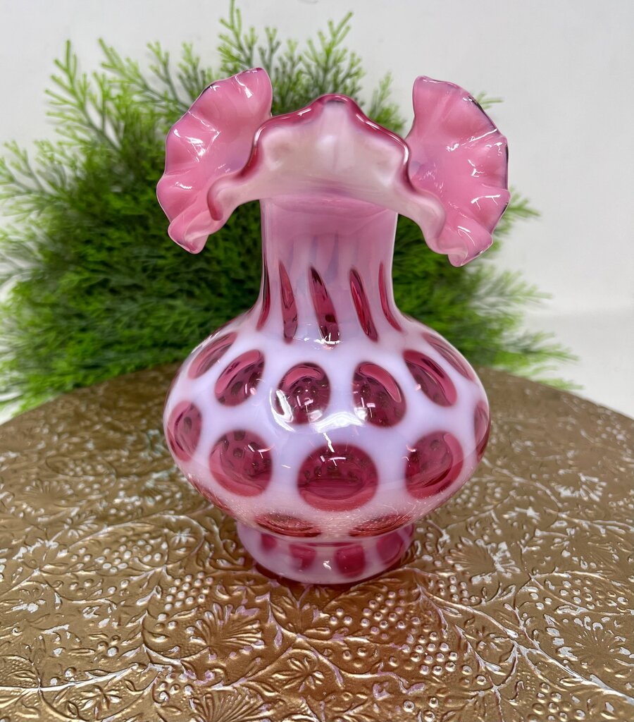 Vintage Fenton Opalescent Cranberry Coin Dot Ruffled Art Glass Vase
