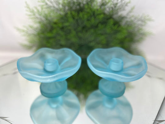 Vintage Viking Blue Satin Glass Candle Holders