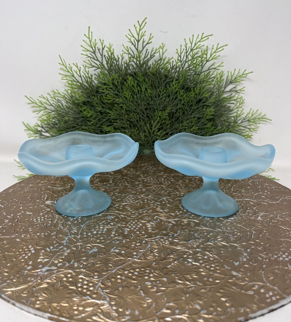 Vintage Viking Blue Satin Glass Candle Holders
