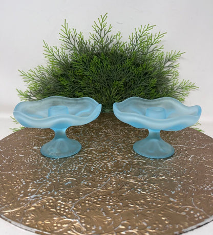 Vintage Viking Blue Satin Glass Candle Holders