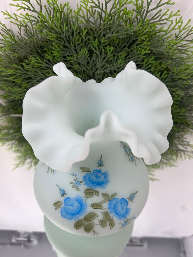 Blue Fenton Satin Glass Floral Painted Vase