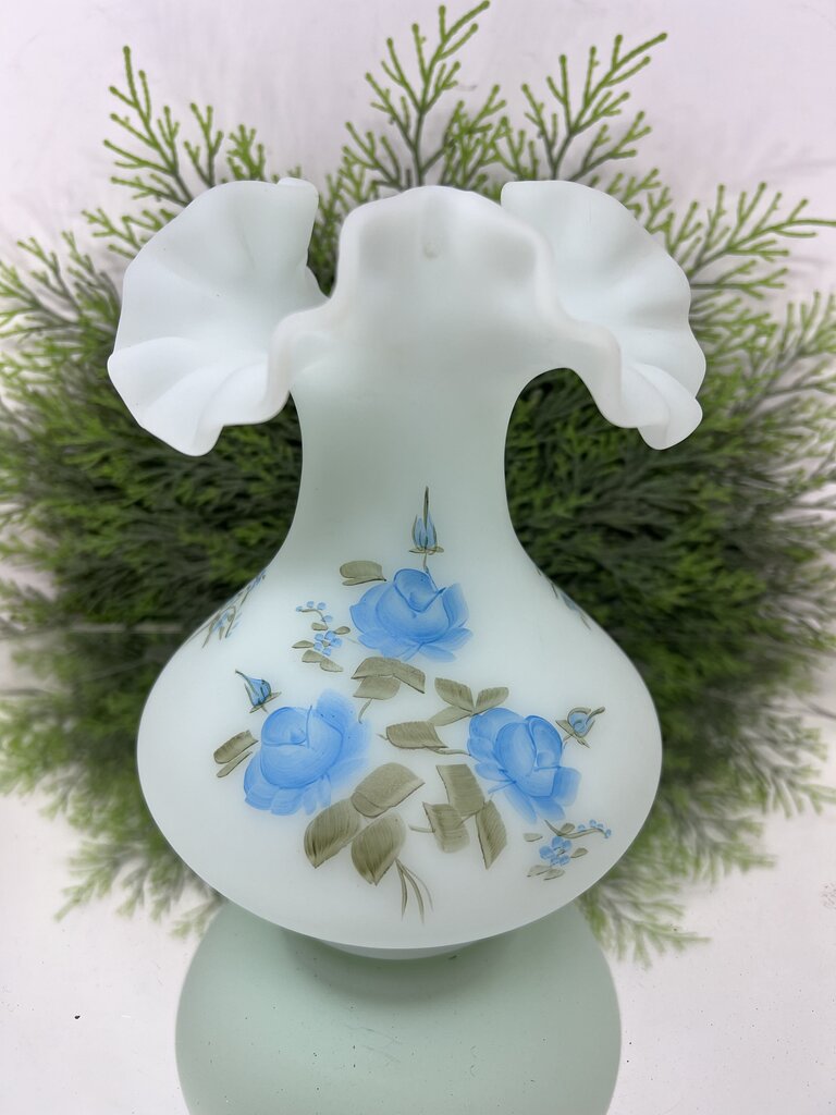 Blue Fenton Satin Glass Floral Painted Vase