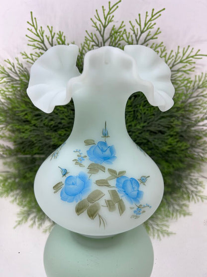 Blue Fenton Satin Glass Floral Painted Vase
