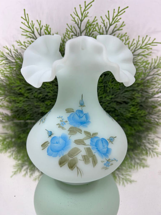 Blue Fenton Satin Glass Floral Painted Vase