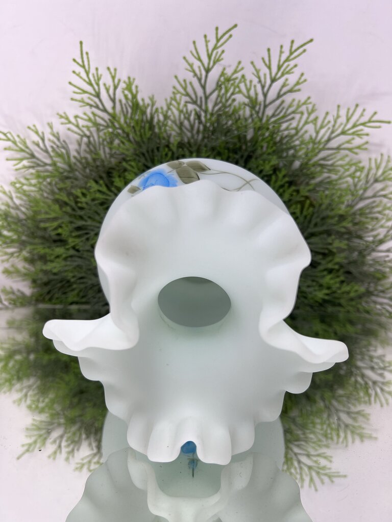 Blue Fenton Satin Glass Floral Painted Vase