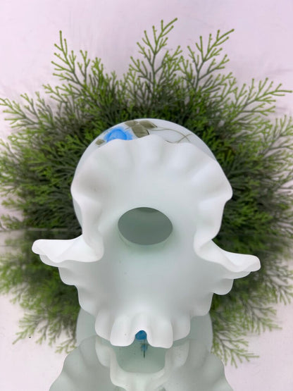 Blue Fenton Satin Glass Floral Painted Vase