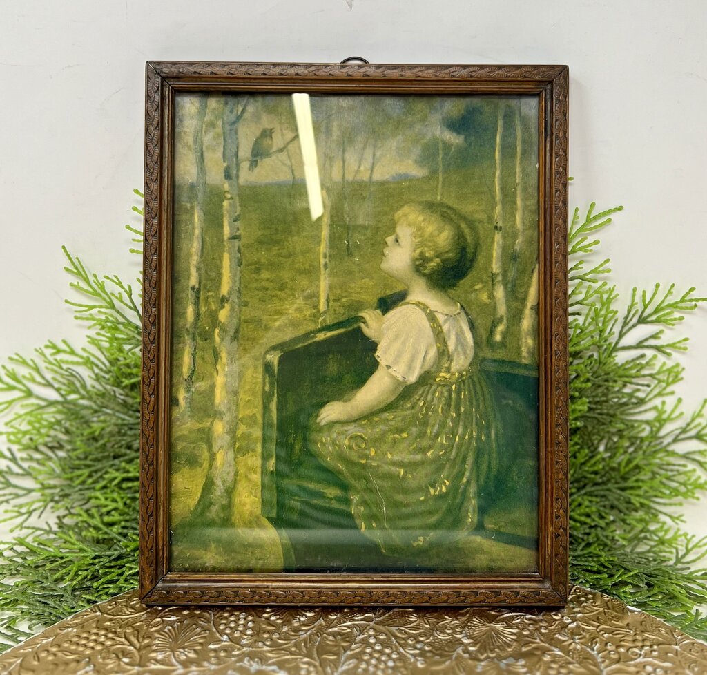 Vintage Little Girl With Bird Print Framed
