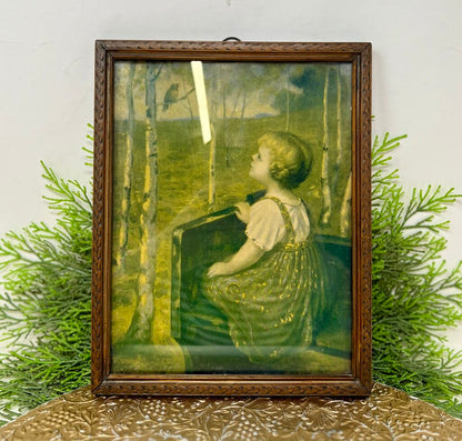 Vintage Little Girl With Bird Print Framed
