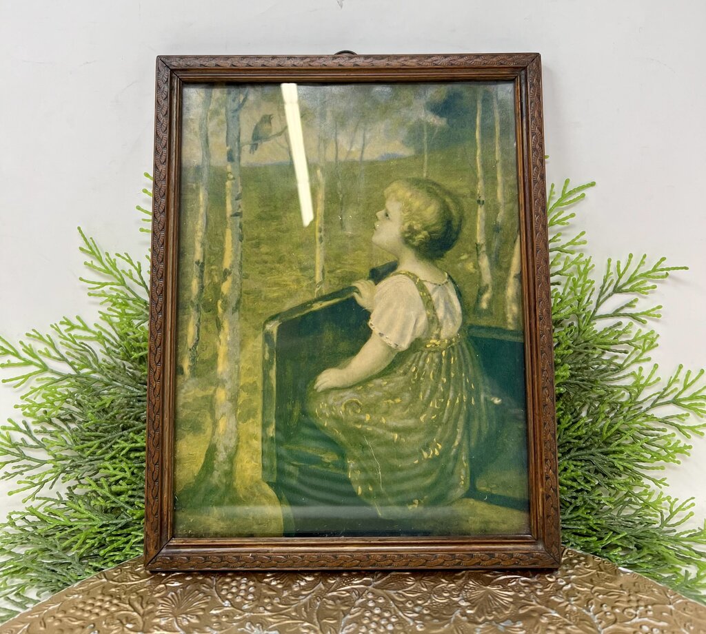 Vintage Little Girl With Bird Print Framed