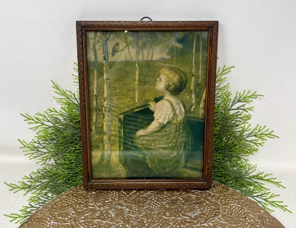 Vintage Little Girl With Bird Print Framed
