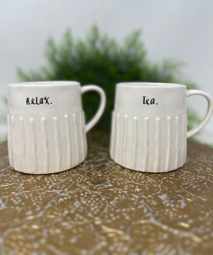 White Rae Dunn Relax and Tea Mug Set
