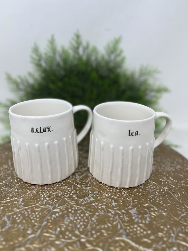 White Rae Dunn Relax and Tea Mug Set