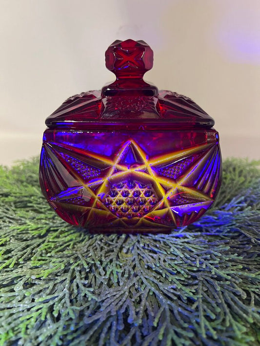 Cadmium Indiana Glass Starburst Design Square Jar