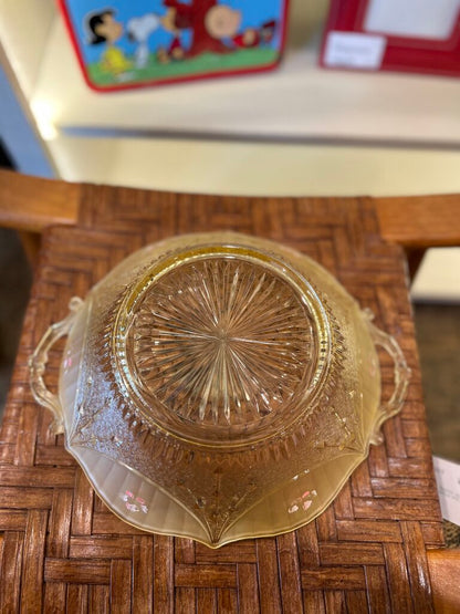 Vintage Glass Bowl With Handle's Hand Painted Flowers