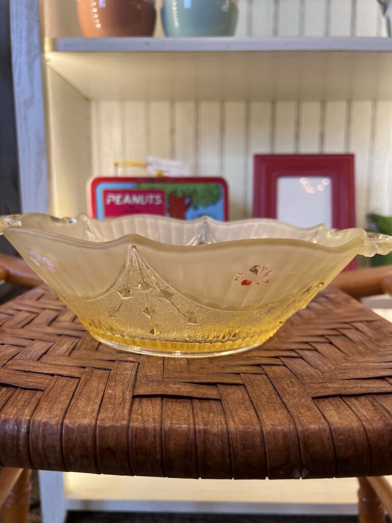 Vintage Glass Bowl With Handle's Hand Painted Flowers