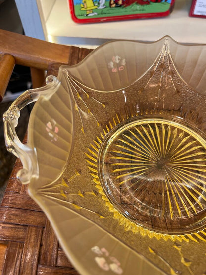 Vintage Glass Bowl With Handle's Hand Painted Flowers